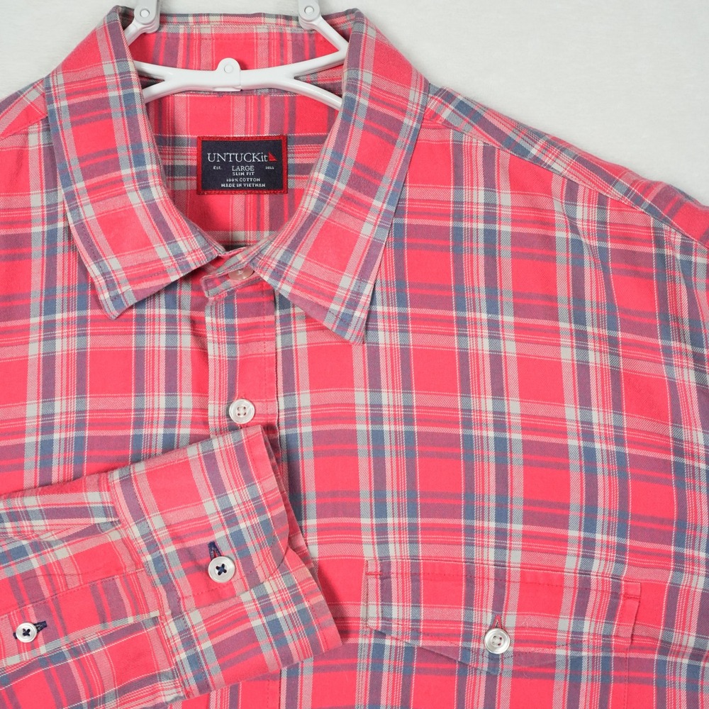 UNTUCKit Mens Large Slim Fit Red Blue Plaid Cotton Long Sleeve Button Down Shirt